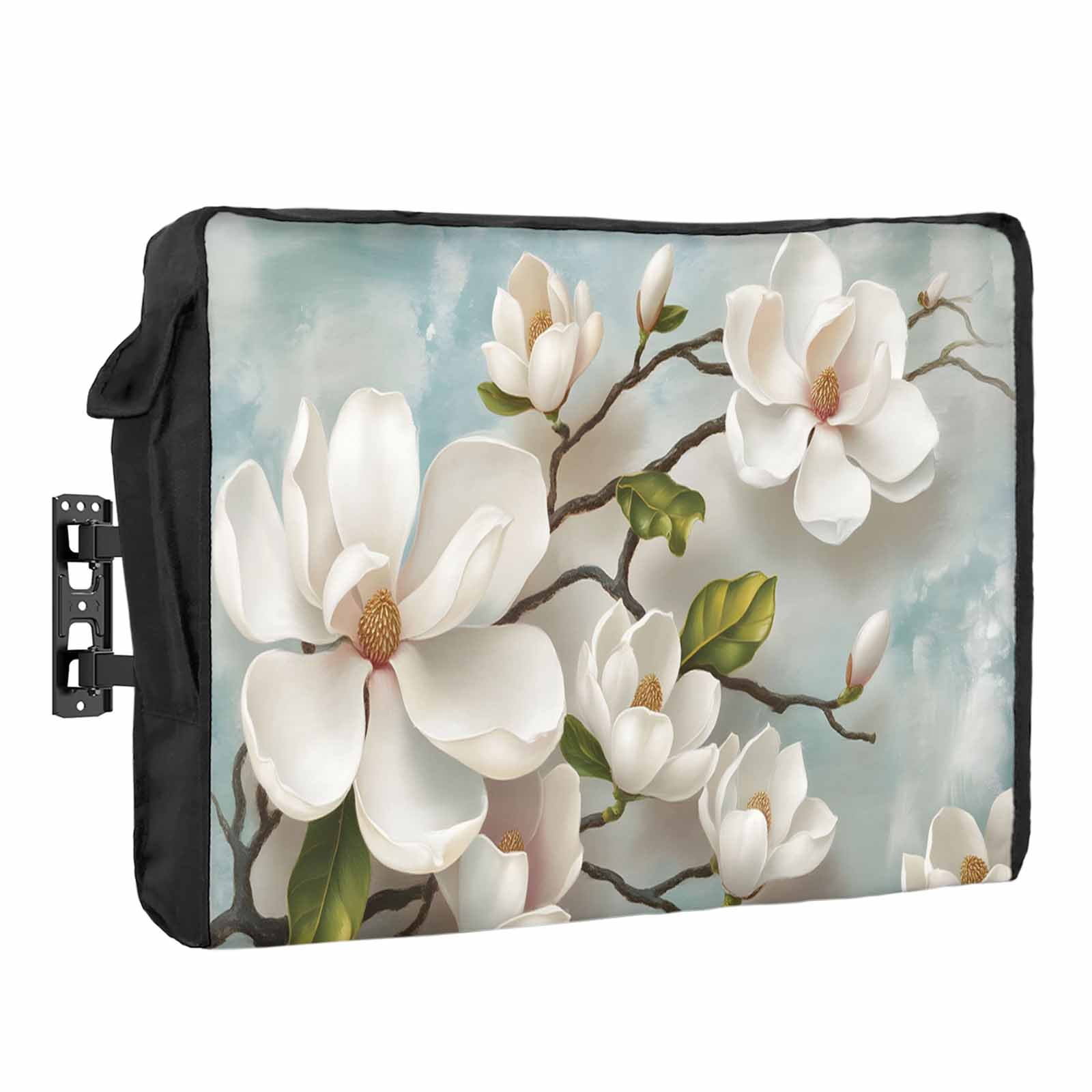 Magnolia Farmhouse Outdoor TV Cover 70 to 75 inch Weatherproof Waterproof, White Floral Vintage Pastoral Botanical TV Enclosures with Remote Control Pocket Flat Screen Protector for Outside