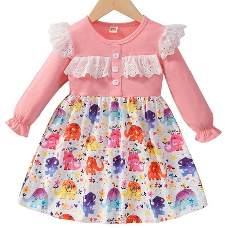 

Popshion Toddler Girls Elephant Dress Casual Mid-length Ruffle Dresses Playwear for 2-7