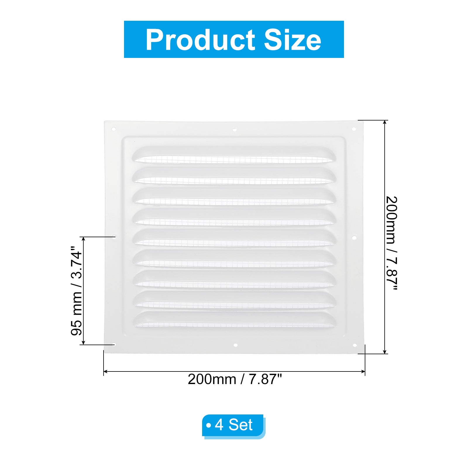 Uxcell 8x8" Gable Vent Cover, Aluminum Alloy Rectangular Floor Air Vent Covers Metal Soffit Return Grille with Screen Mesh and Screw 4 Pcs
