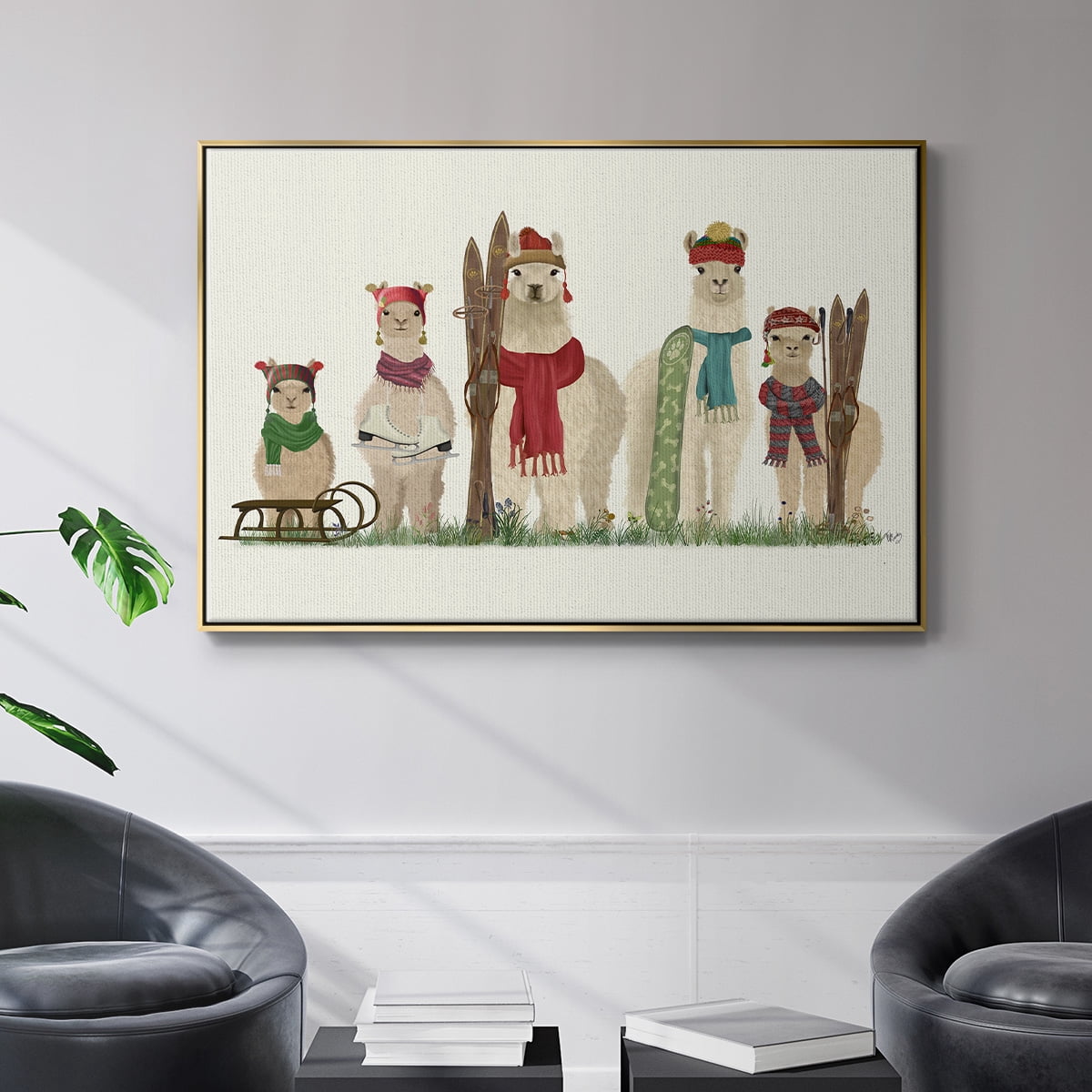 Llama Family Winter Sports - Framed Gallery Wrapped Holiday Canvas - 17 x 25 - Gold Frame