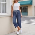 thumbnail image 7 of Elastic Waist Capris for Women Jeans Wide Leg Stretchy Pull On Petite Denim Pants Pull On Loose Denim Capris with Pockets Navy M, 7 of 7