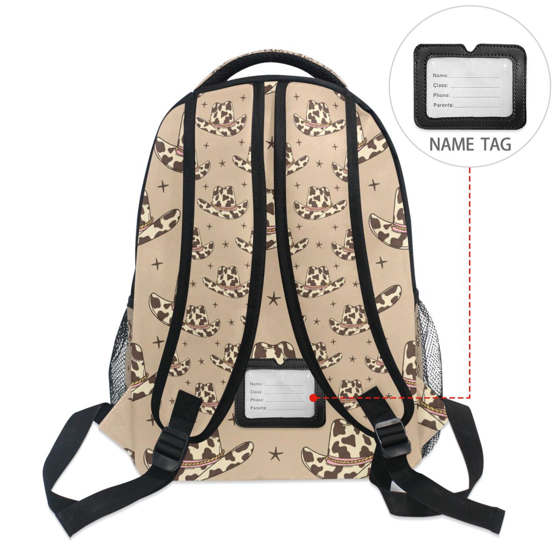 BZSMCE Backpack Schoolbag 15L/18L 2-SIZE Retro Cowboy Hats with Cow Print Wild West Pattern Pattern For the Backbags