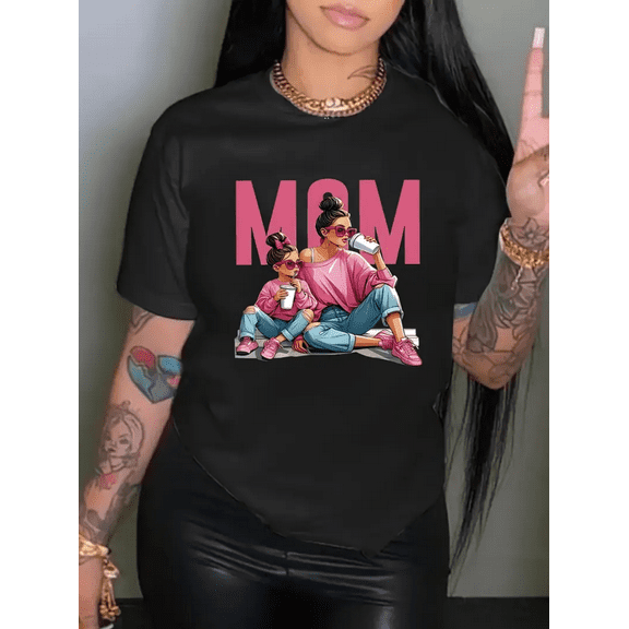 BESTLUCKY Mother's Day T-shirt with Mother and Daughter design - Warm Spring/Summer casual T-shirt, crew neck, regular length, perfect gift, clothing for mom and daughter, women's T-shirt