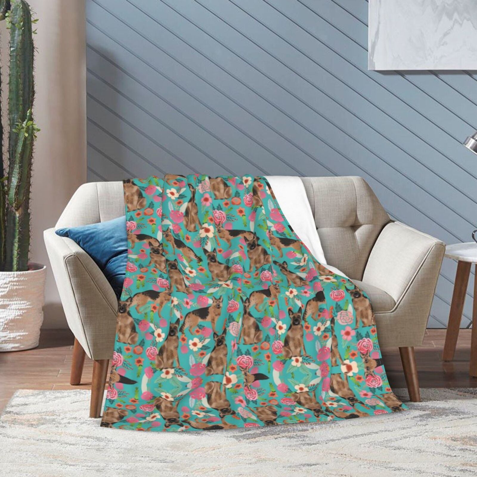 Wijzvio German Shepherd Dogs Lovers Flower Floral Throw Blanket Soft Fuzzy Fleece Blanket For Couch Bed Living Room Decoration 50"X40"