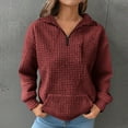 thumbnail image 2 of jtjvou Womens Fashion Sweatshirts Quarter Zip Fall Shirts Waffle Hooded Pullover Fall Long Sleeve Sweatshirt with Pocket Red L, 2 of 8