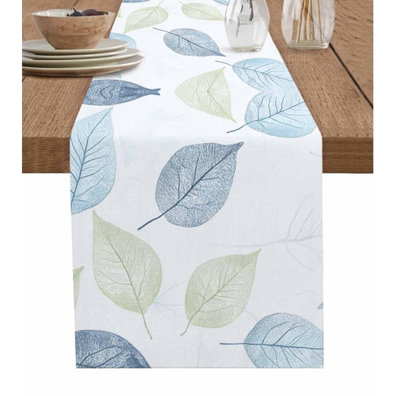 Sage Green Blue Leaves Table Runner 36 Inches, Vintage Farmhouse Botanical Bed Runner Dresser Scarves Tabletop for Indoor Outdoor Parties/Ceremony/Banquet, 13"x 36"
