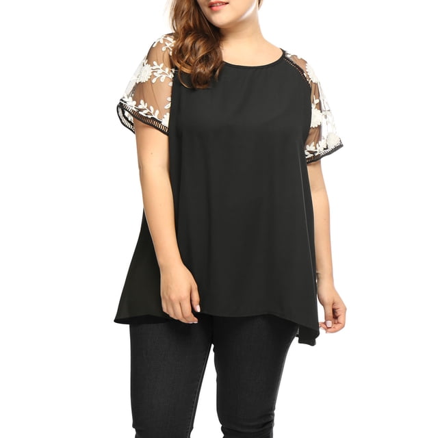 GRACE & GRANDEUR Blouse Raglan au Crochet à Manches Courtes en Maille Transparente à Panneaux pour Femme Grande Taille4X Noir