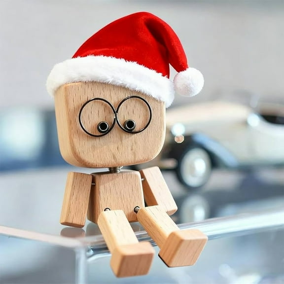 Christmas Shaking Wooden Man Figurine with 12 Magnetic Expressions - Handmade Swaying Wooden Doll with Shaking Feet, Funny Car Dashboard Decor Desktop Ornament Gift for Drivers Coworkers