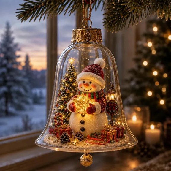 Glowing Christmas Story Ornament, Clear Bell Shape Christmas Ornament Snowman Light-Up Mini Holiday Scene Warm LED Christmas Decorations