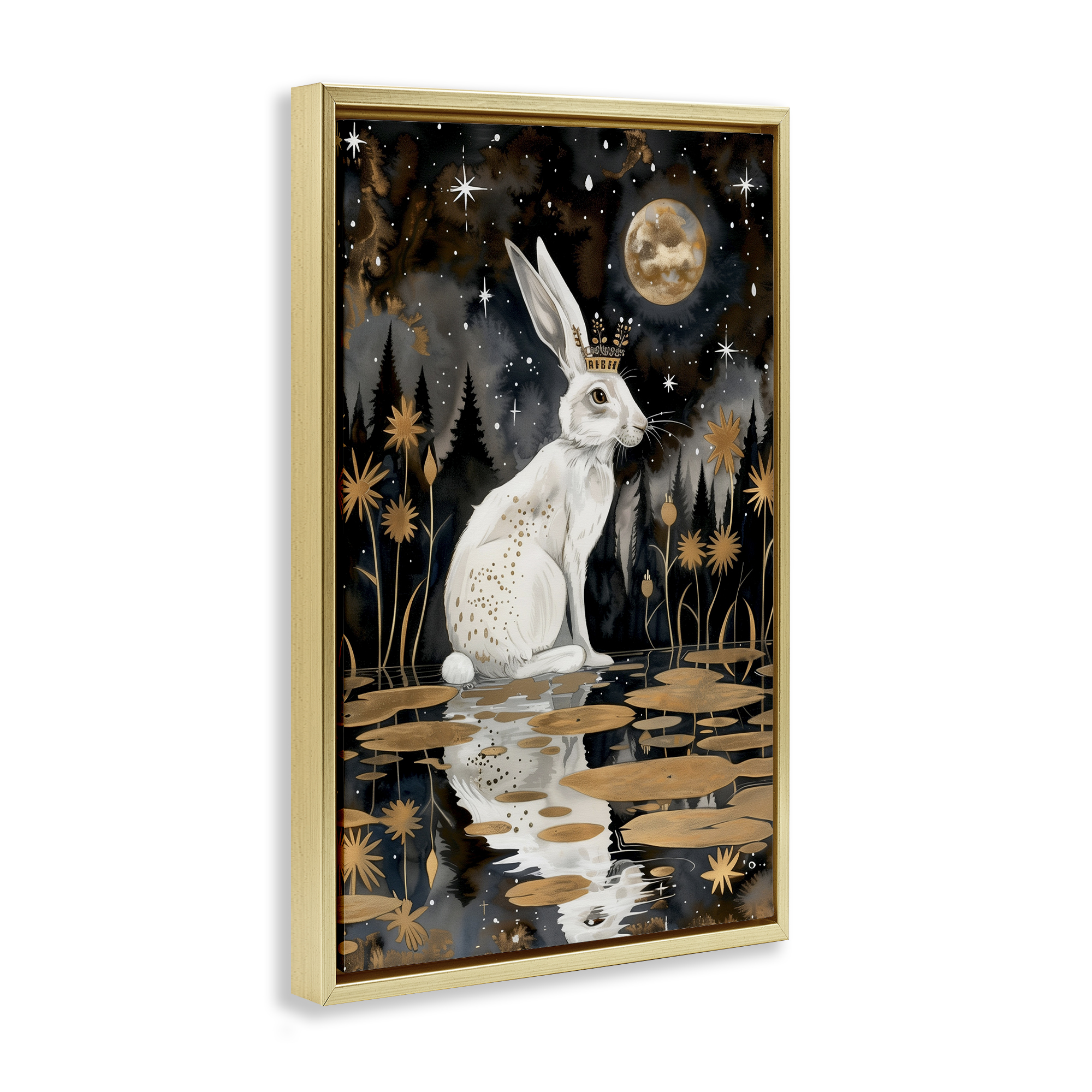 Stupell Industries Regal Rabbit Moonlight Animals & Insects Painting Gold Floater Framed Art Print Wall Art, 21 x 31