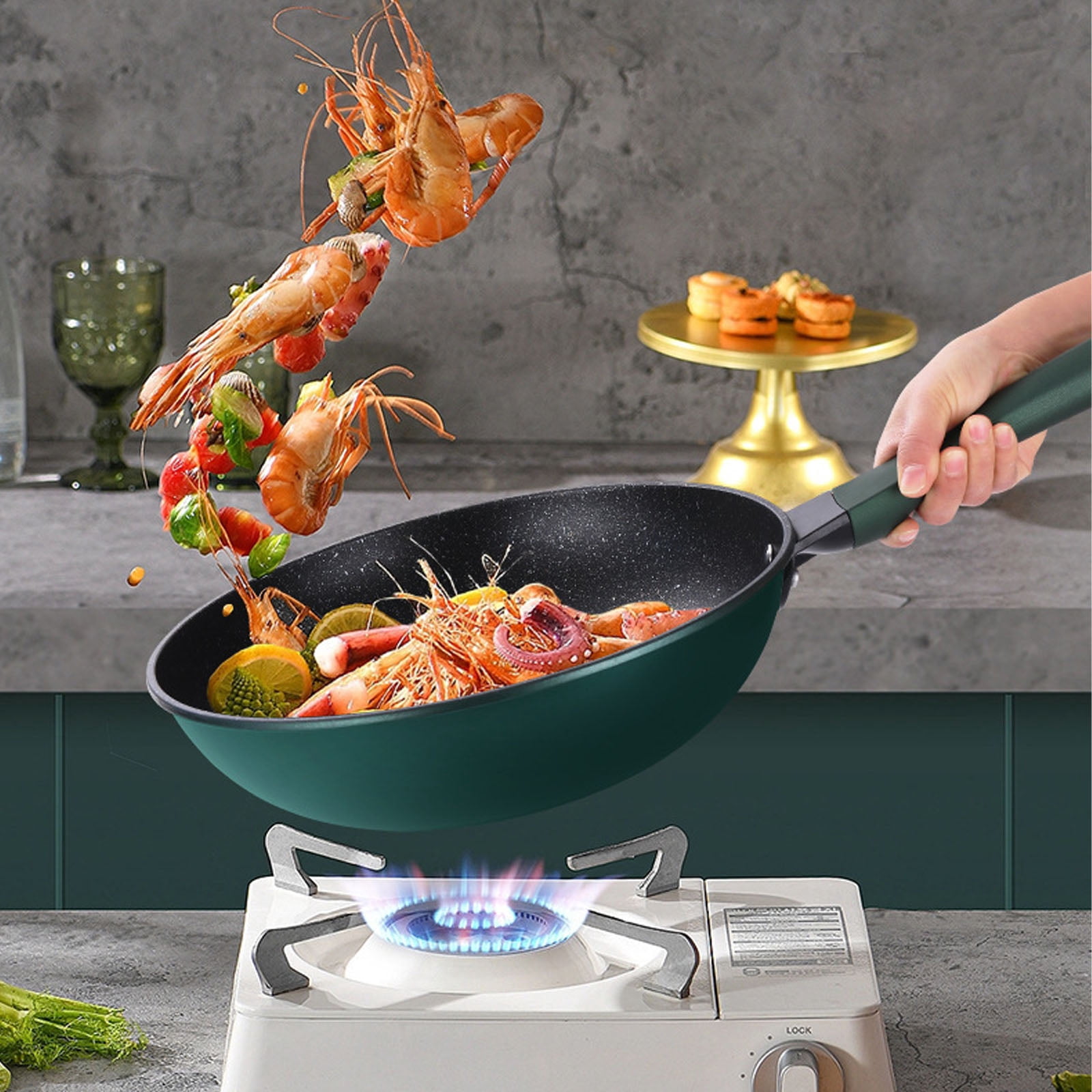 Nonstick Wok with Lid,12 inch Stir-Fry Pans with Anti-Scald Handle & Steamer Basket, Flat Bottom Woks Pan, Multifunctional Cooking Wok Deep Frying Pan, Non Stick Stir-Fry Pan Suitable All Stovetops,