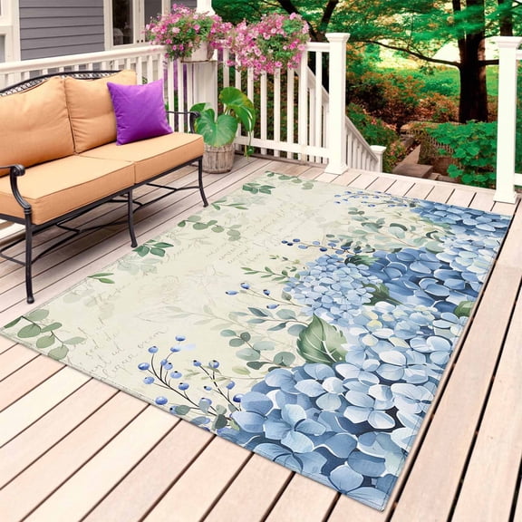 Flowers Leaves Outdoor Rug for Patio/Deck/Porch, Non-Slip Large Area Rug 4 x 6 Ft, Farmhouse Floral Blue Green Beige Indoor Outdoor Rugs Washable Area Rugs, Reversible Camping Rug Carpet Runner