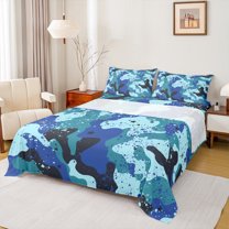 Homewish Vintage Camouflage Full Size Sheets,Watercolor Splatter Ink Bed Sheets,Blue Cayn Black Sheet Sets For Boys Teens,Ultra Soft Home Decor,4 Pieces