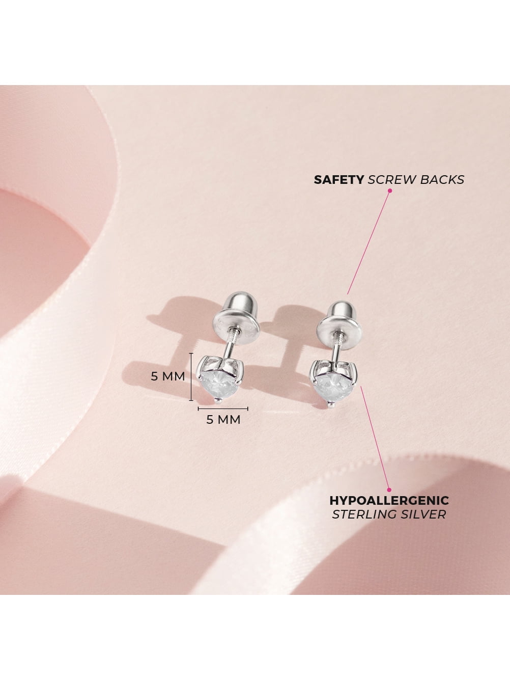 CZ Heart Solitaire Simulated Diamond Earrings Screw Back - Sterling Silver