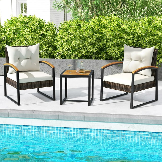 Gymax 3PCS Patio Wicker Furniture Set PE Wicker Furniture Conversation Set w/ Acacia Wood Table