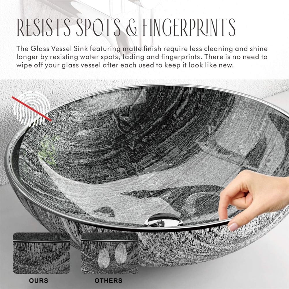 Kepooman F&R Bathroom Glass Vessel Sink, Handmade Artistic Tempered Glass Vessel Sink Vanity Round Bowl, Gray Kepooman F&R Bathroom Glass Vessel Sink, Handmade Artistic Tempered Glass Vessel Sink Vanity Round Bowl, Gray