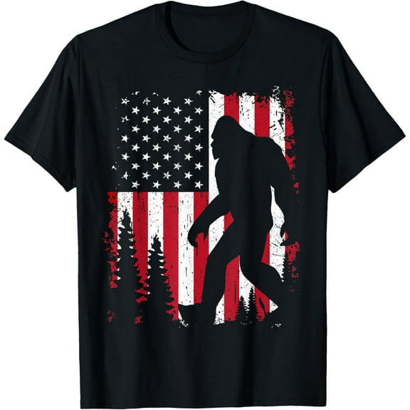 Bigfoot 4th of July American USA Flag Patriotic Kids T-ShirtMen's and women's gift, black and white T-shirt, size: Extra large S-4XL