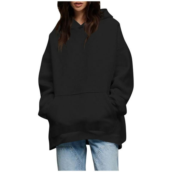 Fmbrln Womens Trendy Oversized Hoodie Fall Winter Fashion Long Sleeve Solid Hooded Sweatshirts Loose Comfy Workout Pullover Tops with Pockets Black L