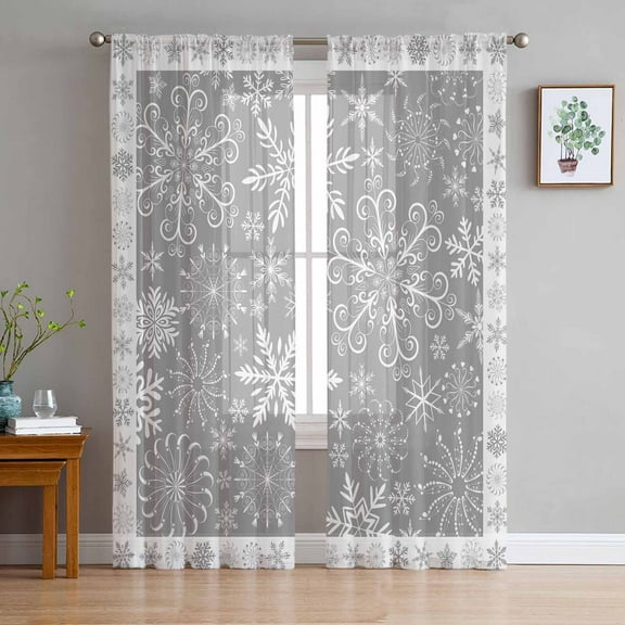 Snowflakes Christmas Sheer Curtains 72 Inches Long, Grey Xmas Winter Vintage Light Filtering Window Curtains for Living Room/Bedroom, Rod Pocket Voile Sheer Curtain Drapes, 52"W x 72"L, 2 Panels