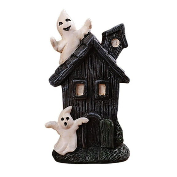 LED Lighted Haunted House with Ghosts Halloween Decoration Halloween Party Resin Mansion Ornament Cute Ornament Set