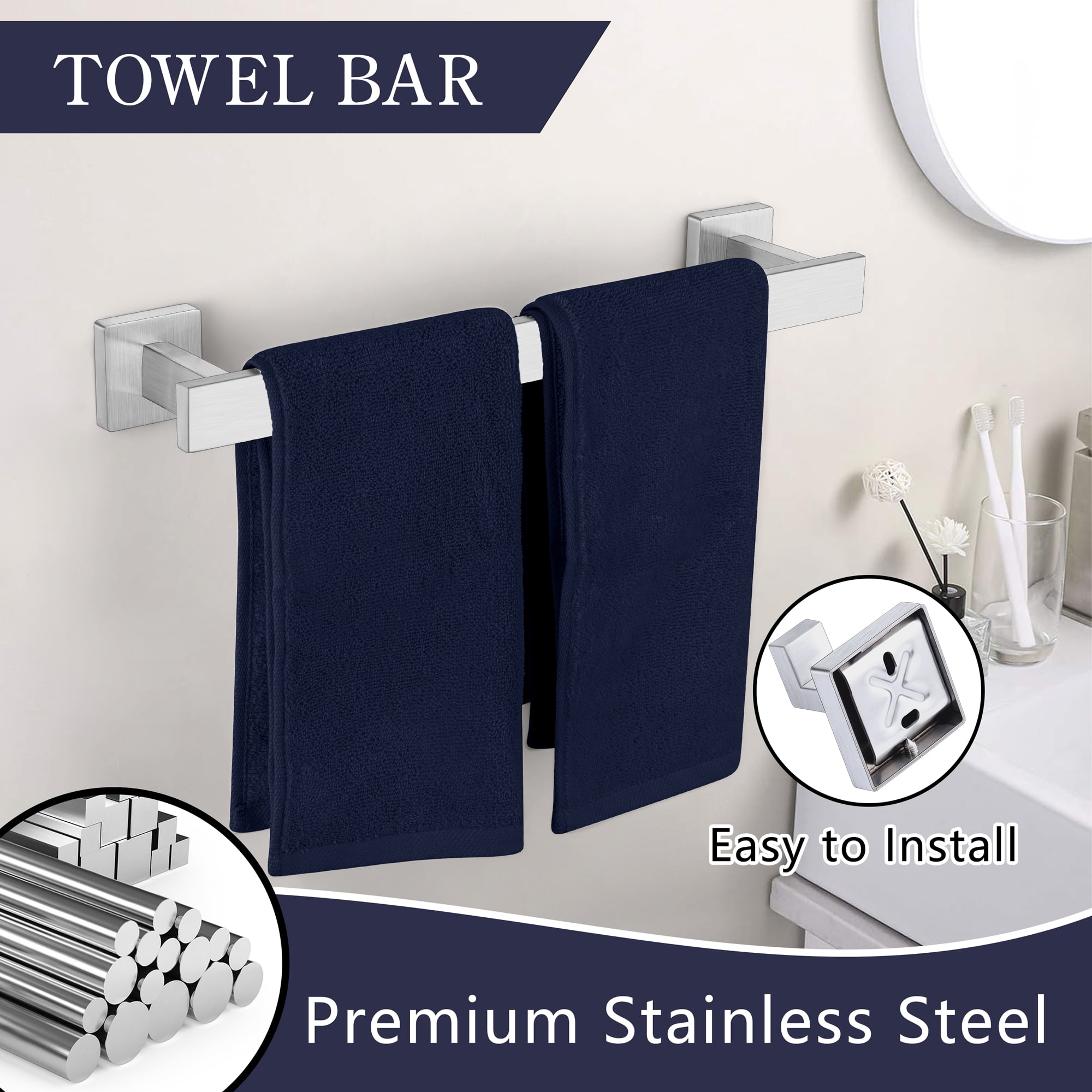 Seatow 5-Piece Matte Black Bathroom Hardware Set – 17" Towel Bar, Toilet Paper Holder, 2 Wall Hooks & 2 Adhesive Hooks – Stainless Steel