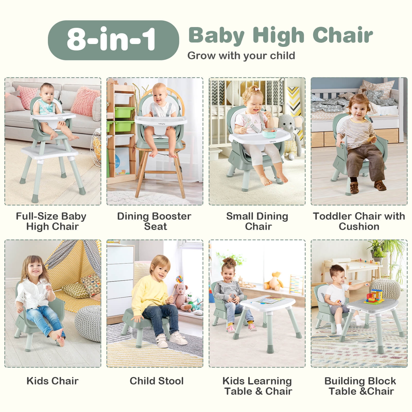 Babyjoy 8-in-1 Baby High Chair with  Double-layer Cushions Multifunctional Toddler Green