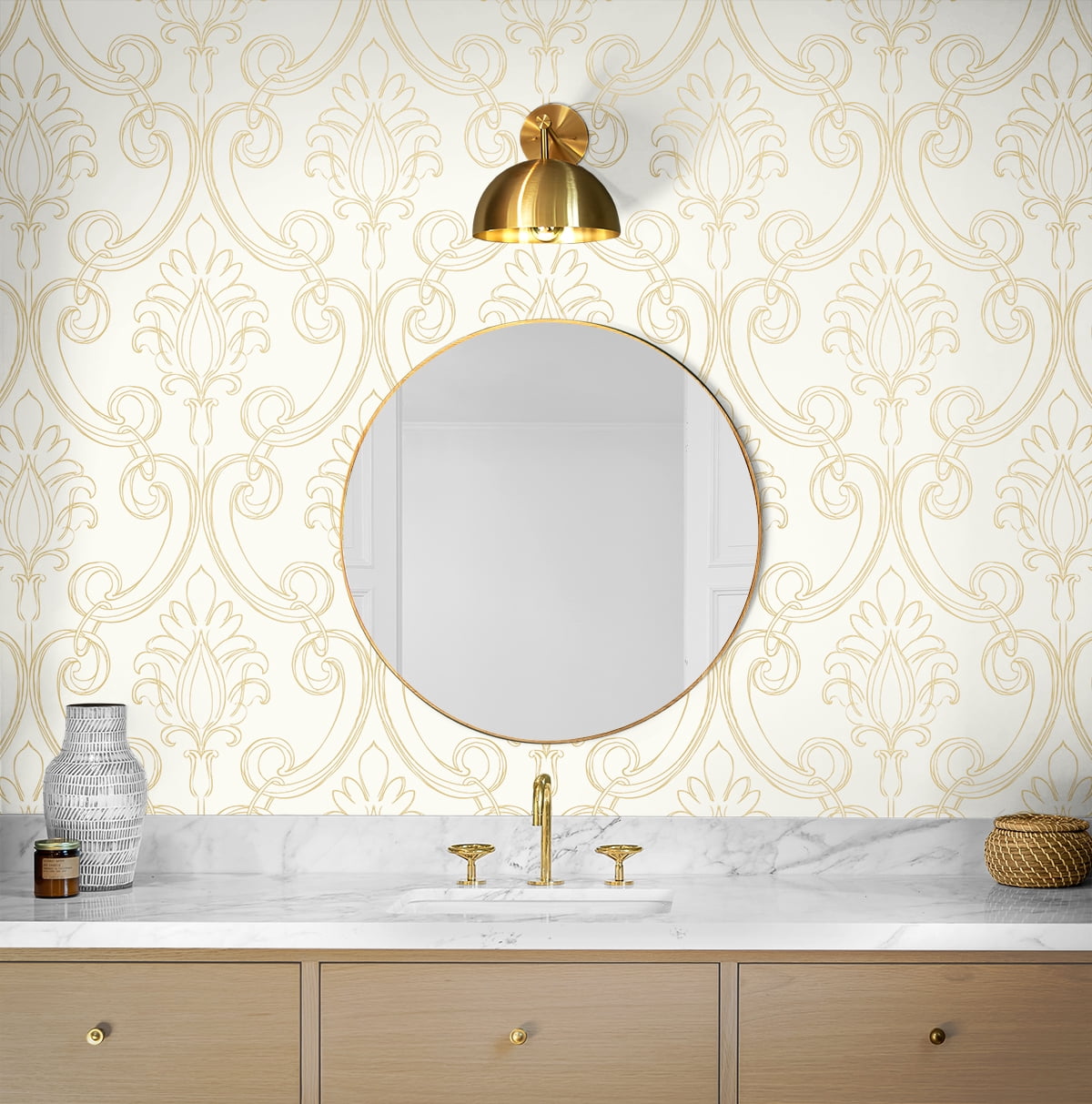 NextWall Metallic Gold Sketched Damask Peel and Stick Wallpaper