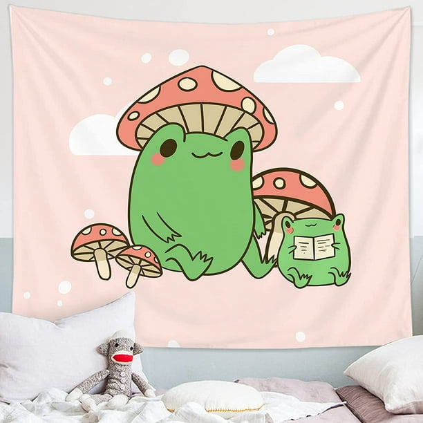 Cute Frog Mushroom Hat Kawaii Pink Tapestry,Art Aesthetic Wall Hanging  Bedding Tapestry for Teen Boy's Girl's Bedroom Funny Living Room Dorm Home  Decor (51.2 x 59.1) - 51.2 x 59.1 