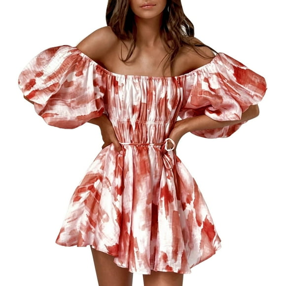 TJAZFJPA Junior Bridesmaid Dresses Foreign Trade Fashion Shoulder Trendy Print Pleated Elasticated Puff Sleeve Short Skirt Party Dresses Evening Dresses for Women