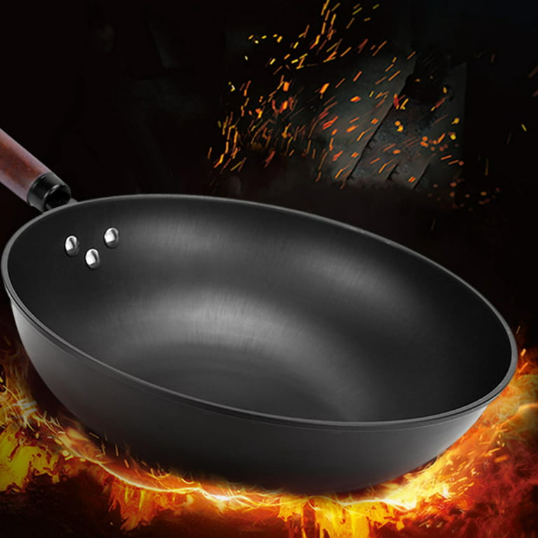 Iron Stir Fry Pan with Lids, Long Handle Skillet Cookware Cooking Wok  ,Nonstick Non Coating Frying Pan for Omelets Toast Pancakes Cake Cheese  32cm