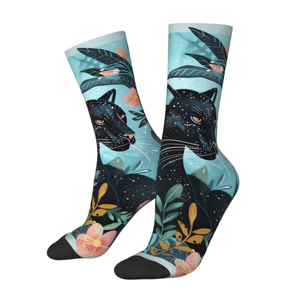 Fotbe Black Panther Floral Illustration Calcetas Largas con Estampado para Hombre y Mujer – Calcetas de Compresión Transpirables y Elásticas, Viajar y Uso Diario Talla 5-11