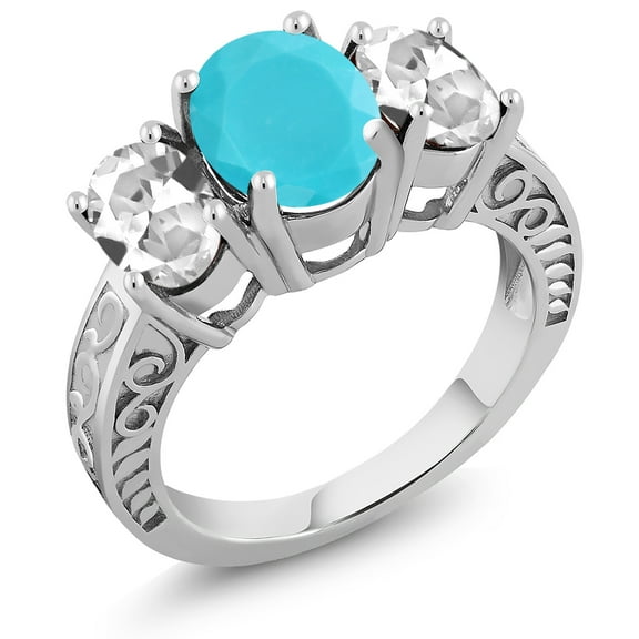 Gem Stone King 3.50 Ct Oval Green Turquoise White Created Sapphire 925 Sterling Silver Ring (Size 5)