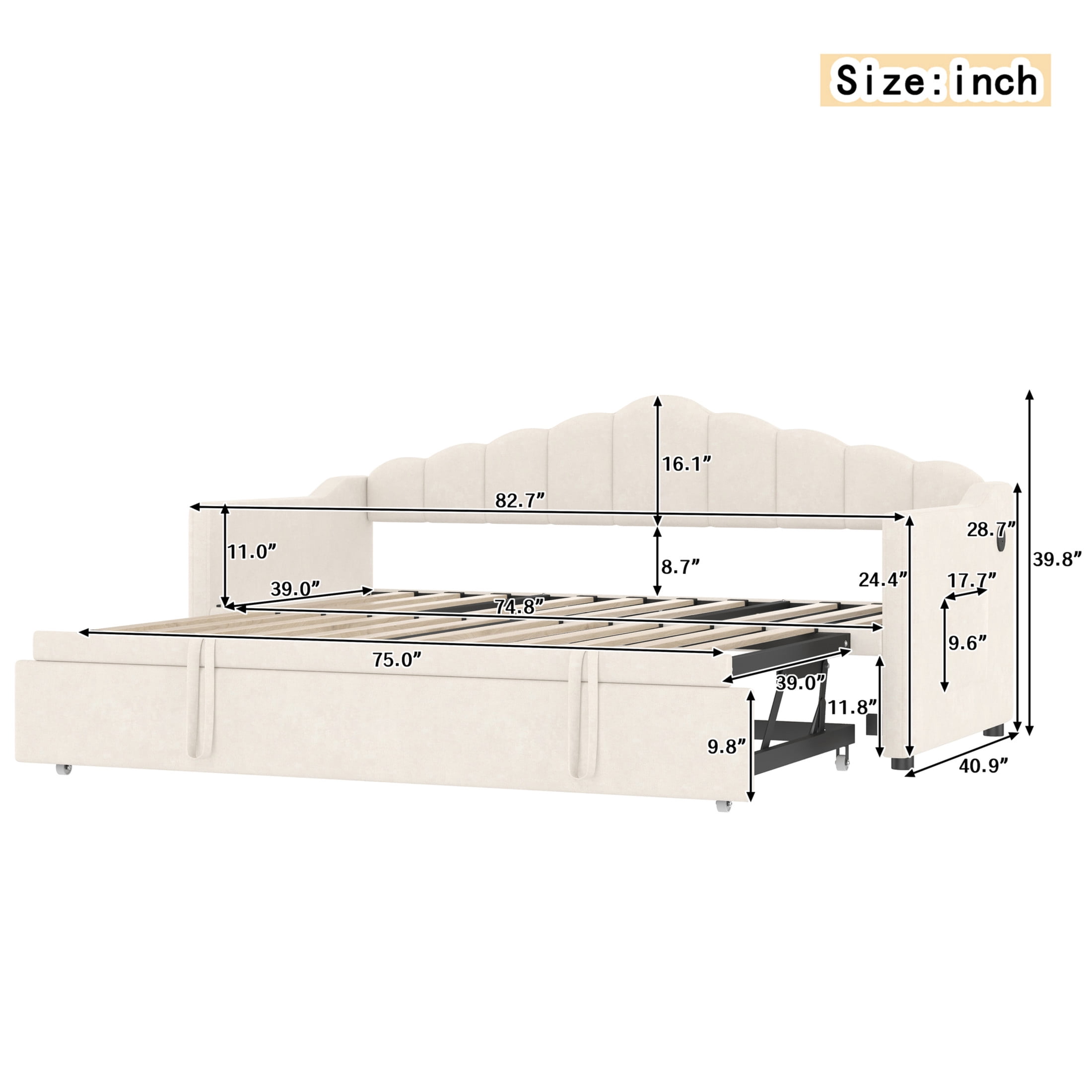 Noble House Twin Upholstered Daybed with Pop-Up Trundle, USB and Type-C Charging Ports, Beige