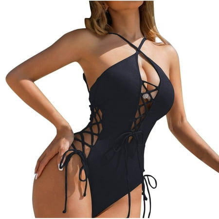 Moocorvic Cut Out One Piece Swimsuit for Women  Criss Cross Halter Neck Swimwear Strappy Bathing Suit(Black L)