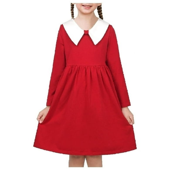 Vestido de Niña Rojo Blanco Cuello Diario Casual Uniforme Escolar Manga Larga 5 Años