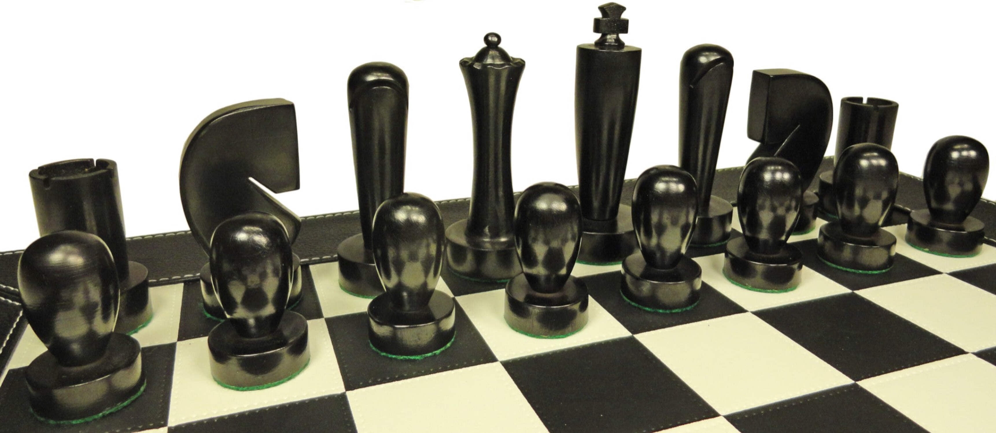 4 Q Staunton MODERN BERLINER Wood Chess Set 18" Black  White Faux Leather Board