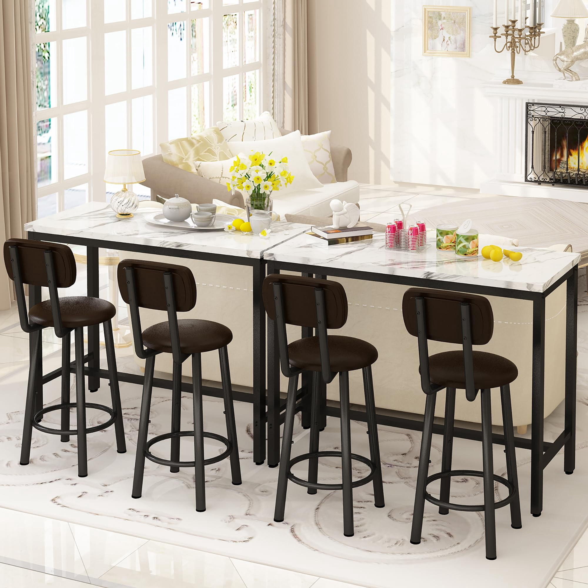 LinkRomat Dining Table Set for 2, Farmhouse Rectangle Kitchen Table with 2 PU Leather Upholstered Stools, Dinette Set for Small Space for Dining Room