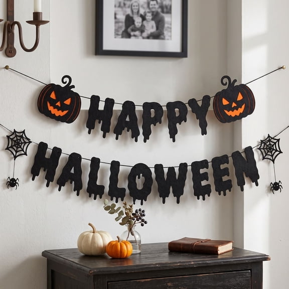 Pumpkin Spiderweb Non-Woven Bunting, Durable Reusable Hanging Banner for Home Yard Ghost House Halloween Party Scene Layout