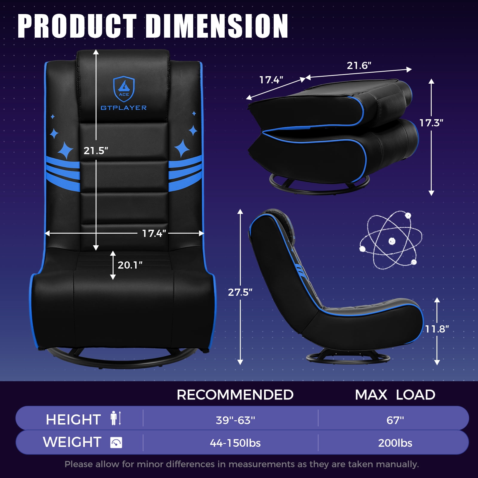 GTPLAYER Swivel Floor Gaming Chairs with Foldable Backrest for Teens, Black&blue