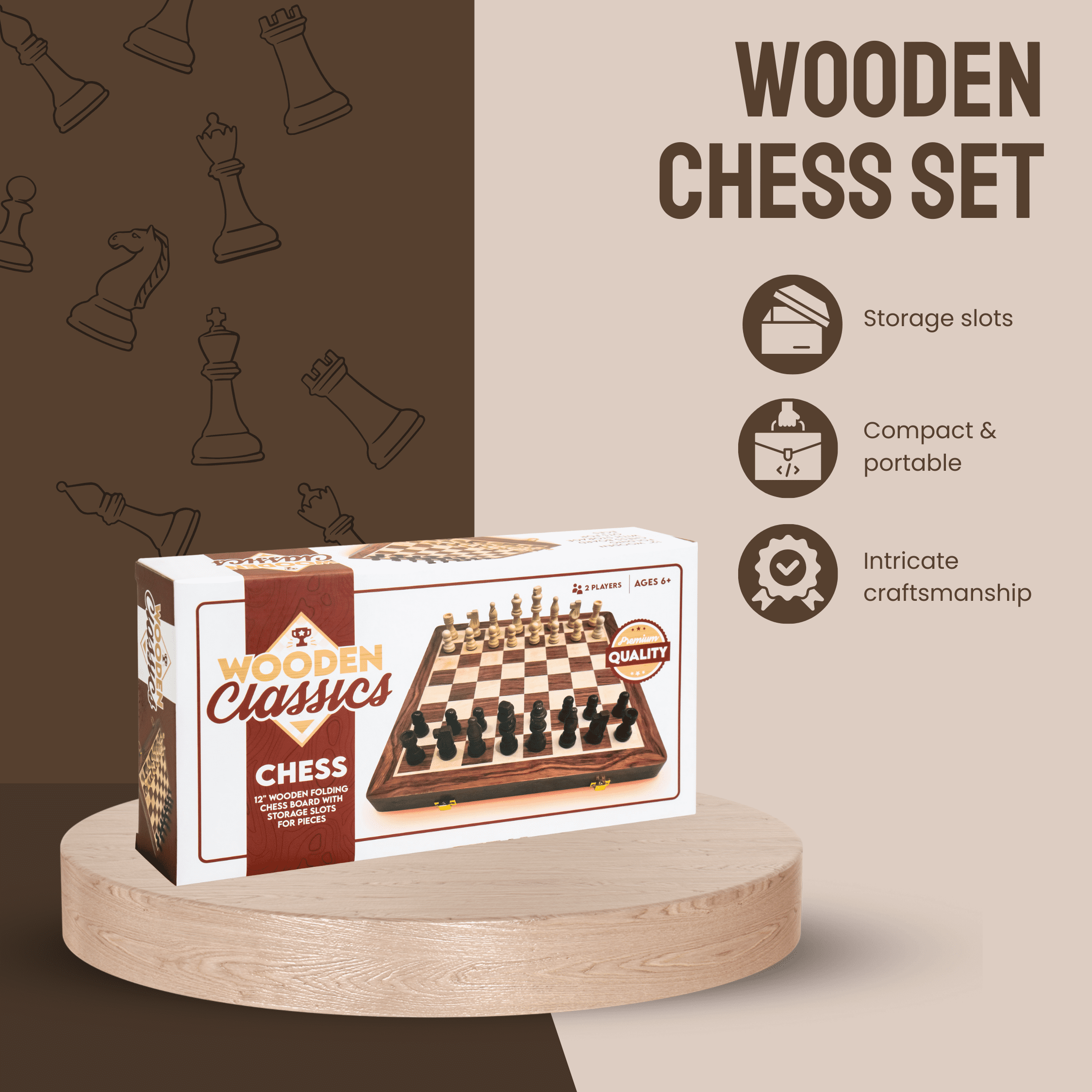 Tradeopia Folding Wooden Chess Set, 12-Inch Wooden Folding Chess Board