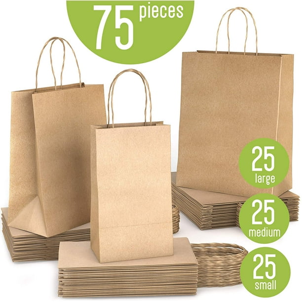 WDC Brown paper bags with handles bulk, 75 craft bags, 25