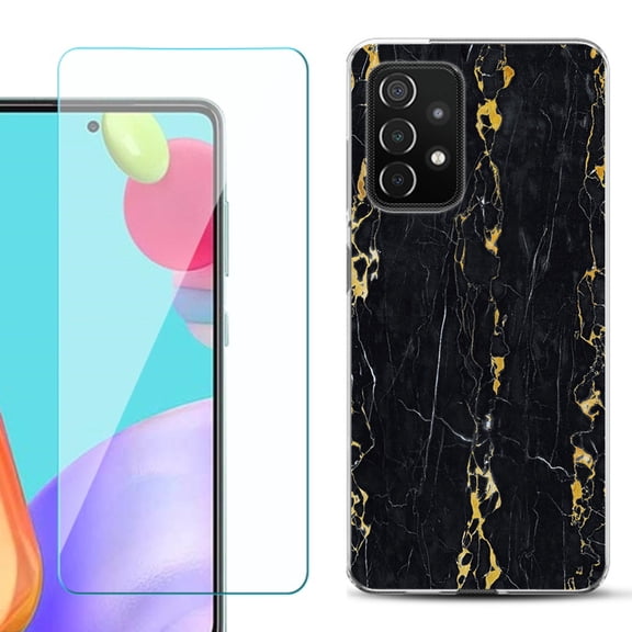 Slim-Fit Flexible Gel TPU Phone Case compatible with Samsung Galaxy A52 5G, with Tempered Glass Screen Protector, by OneToughShield ® - Marble / Gold/Black