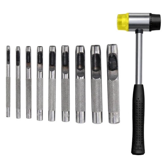 9PCS Belt Hole Punch Tool w/ Hammer, 2.5-10mm Round Punch for Crafts & Repair