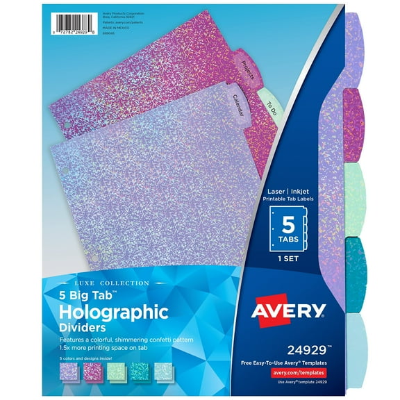 Avery Luxe Collection Holographic Big Tab Fashion Dividers for 3 Ring Binders, 5 Tab Set, Confetti Pattern, 1 Set 24929