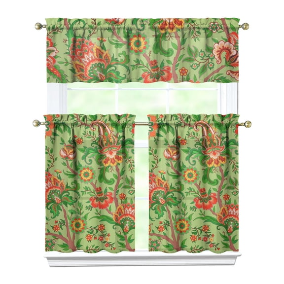 3 PCS Boho Chic Kitchen Curtains - Colorful Decorative Mandala Floral Design, Farmhouse Tier Curtains with Rod Pocket (54x18 27.5x36x2), Easy Care Window Treatments