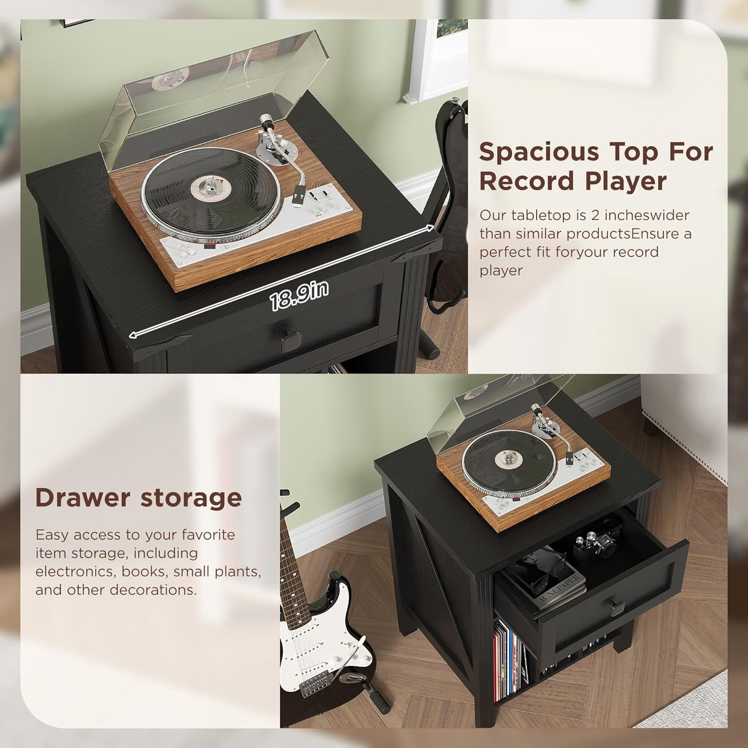 VEANERWOOD Nightstand with Drawers and Charging Station, Farmhouse Vinyl Record Storage Cabinet End Table for Bedroom Living Room