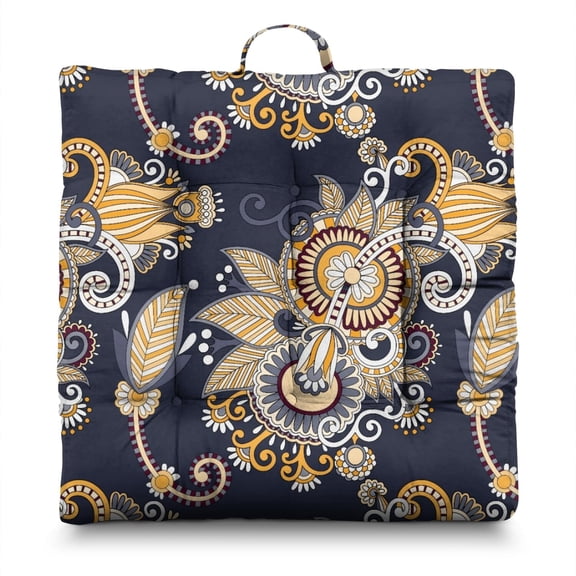 Boho Floral Yoga Cushion - Extra-Thick 4.7" Tatami Mat for Adults, 9-Point Stitched for Even Filling Distribution