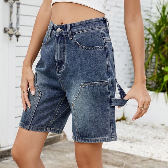 Women's Denim Cargo Shorts Mid Waisted Multi Pockets Loose Casual Washed Summer Jean Shorts Blue S