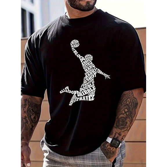 Men's Fashion Basketball Letter Print Round Neck Short Sleeve Casual T-Shirt
