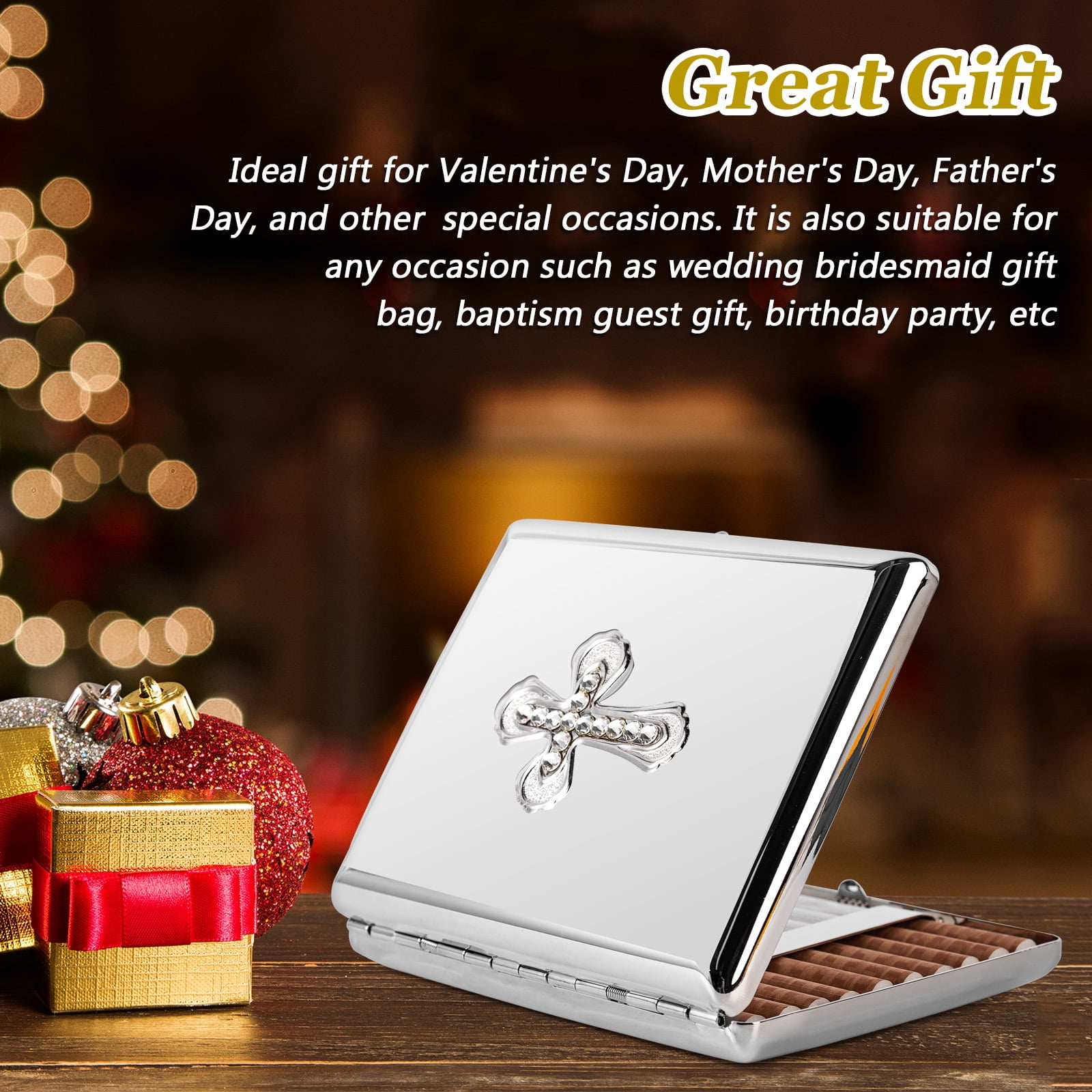 Fashionable and Exquisite Swarovski Cross Metal Vintage Cigarette Case for  Men and Women - Holds 20pcs 100's Cigarettes - RFID Credit Card Holder  (Silver)